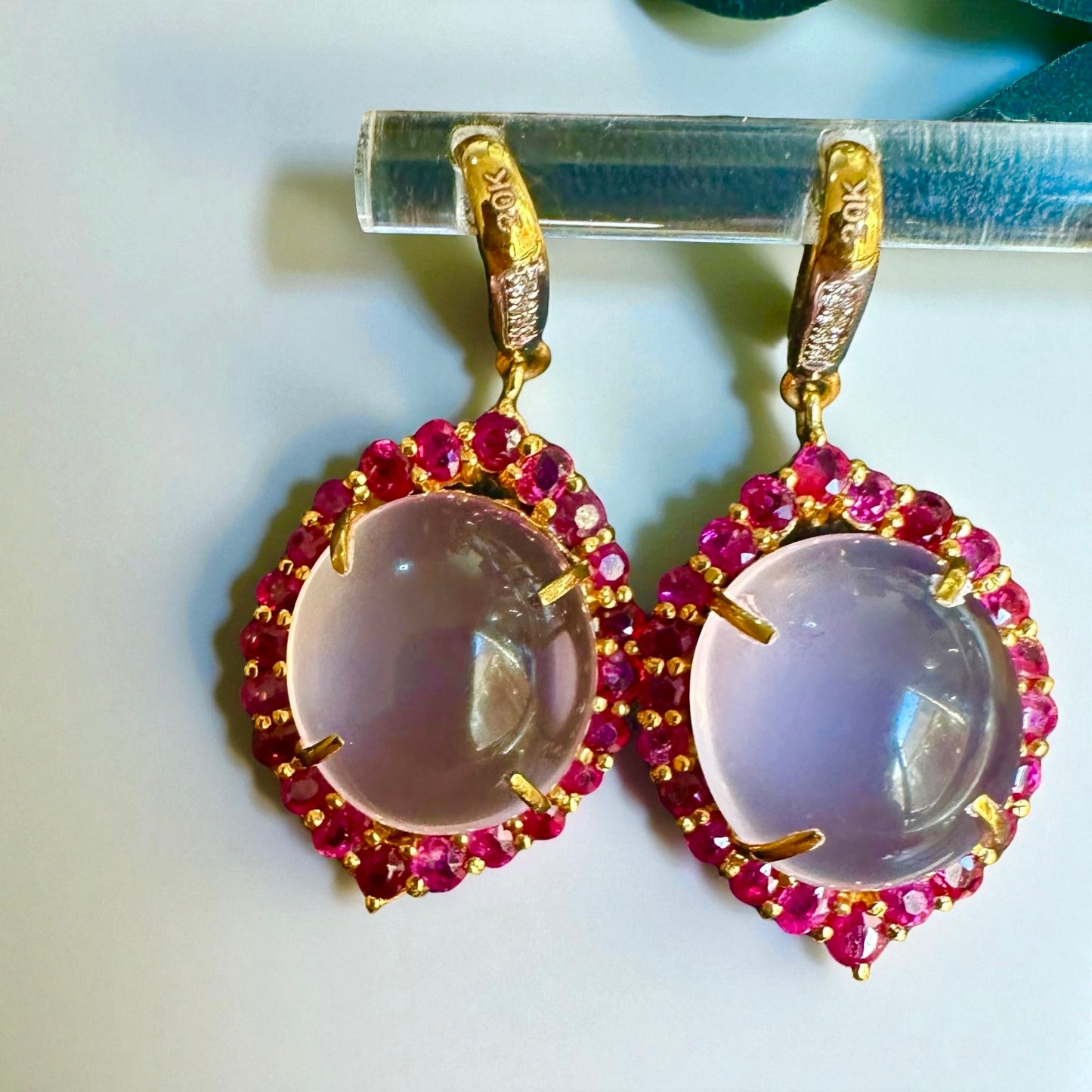 Elegant Rose Quartz & Ruby Earrings • Diamond Accented • 20ct Gold