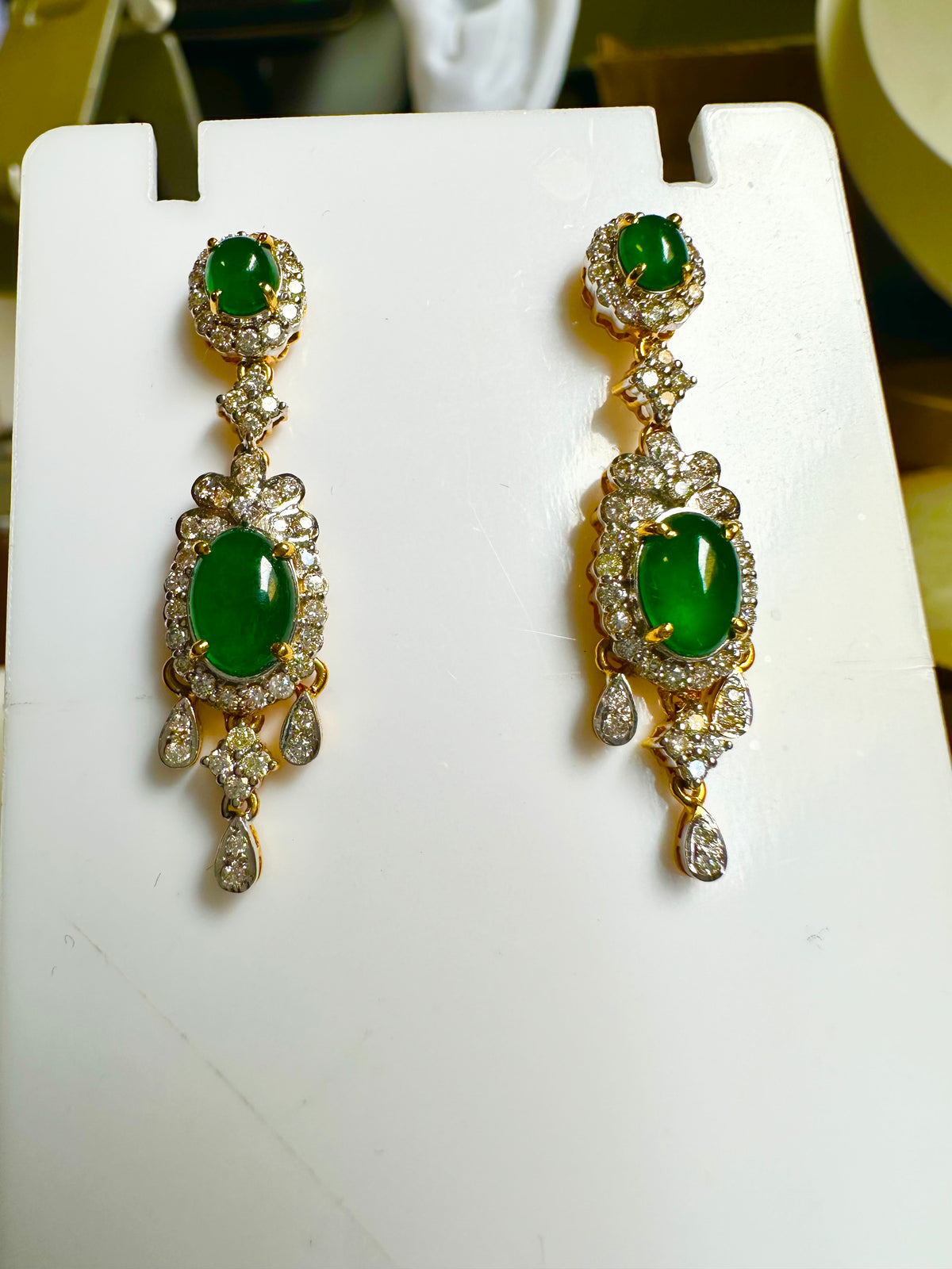 Two Step Drop Earrings Natural Untreated Burmese Jadeite with Diamonds