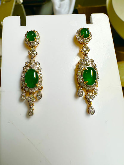 Two Step Drop Earrings Natural Untreated Burmese Jadeite with Diamonds