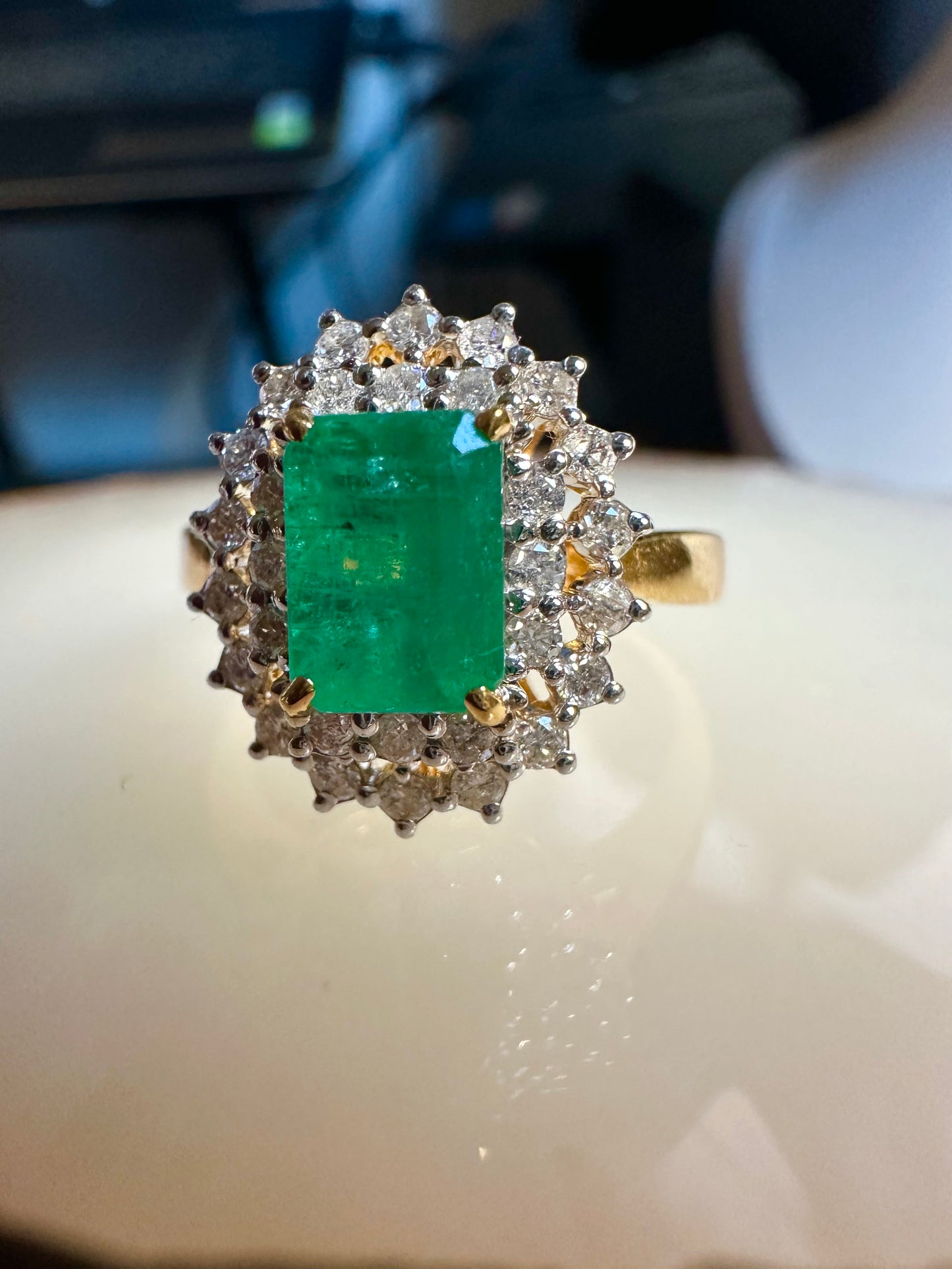 Emerald Cut Natural Emerald and Natural Diamonds Ring in 18K Solid Gold