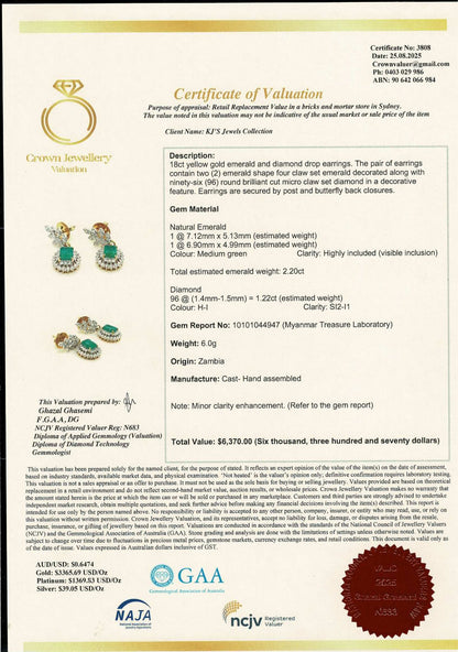 Emerald Cut Natural Emerald and Natural Diamonds Earrings and Pendant Set in 18K Solid Gold