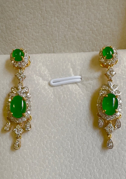 Two Step Drop Earrings Natural Untreated Burmese Jadeite with Diamonds