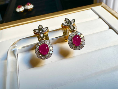 Natural unheated Burmese rubies (1.55CT) and natural diamond drop earrings in 20K solid gold