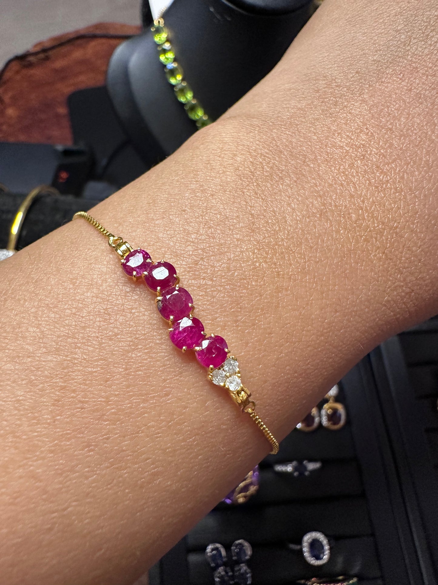 Elegant Natural Unheated Burmese Ruby & Diamond Adjustable Bracelet in 18ct Yellow Gold