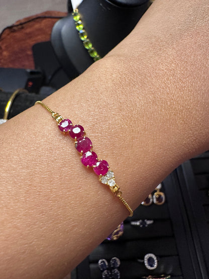 Elegant Natural Unheated Burmese Ruby & Diamond Adjustable Bracelet in 18ct Yellow Gold