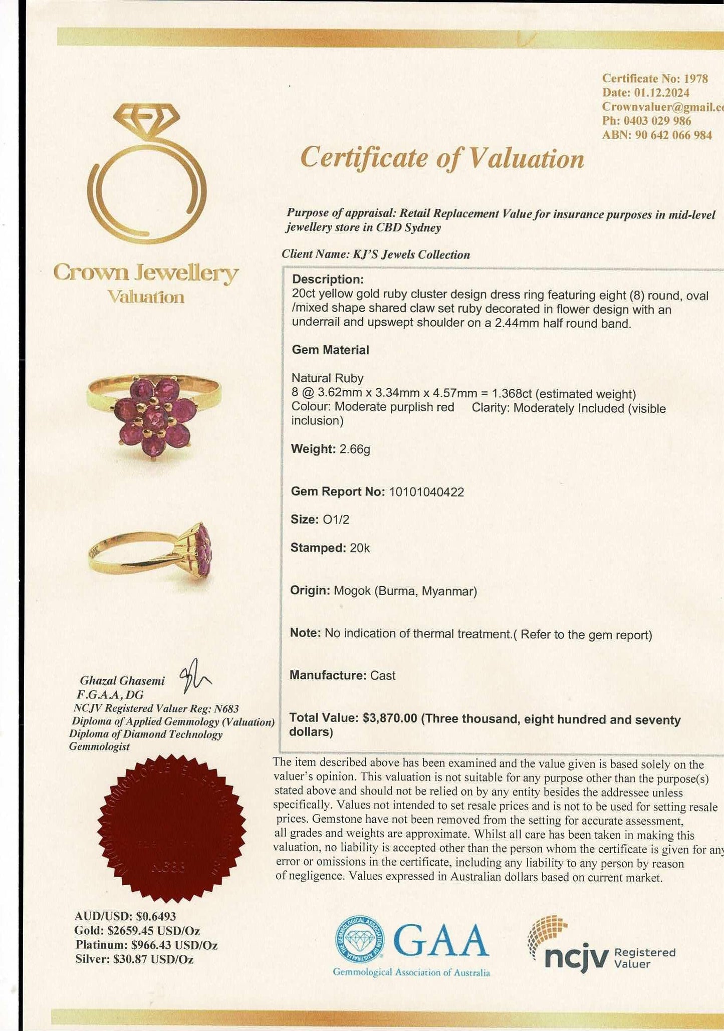 Stunning and Quality Ring - Natural Unheated Burmese Ruby (1.37CT) Ring set in 20K Solid Gold.