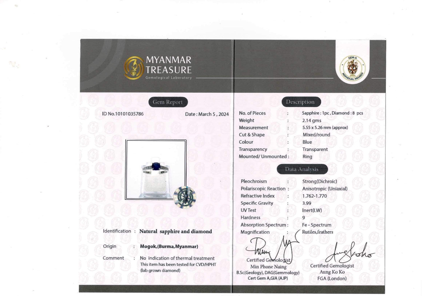 Burmese Natural Unheated Sapphire and Natural Diamonds Ring in 20K Solid White Gold