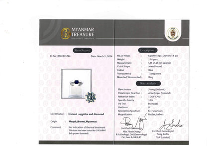 Burmese Natural Unheated Sapphire and Natural Diamonds Ring in 20K Solid White Gold