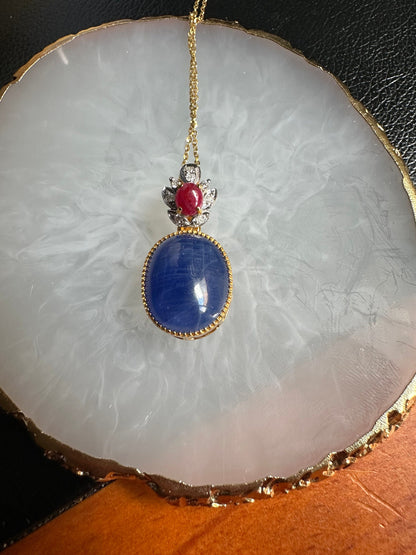Natural Unheated Large Size Sapphire Cabochon (16CT) with natural Ruby and Natural Diamond Pendant in 20K gold