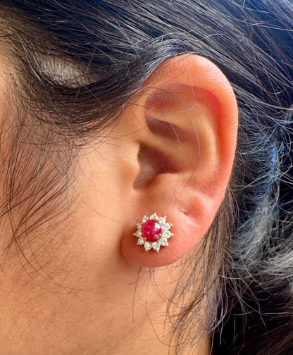 Natural Unheated Burmese Cabochon Ruby & Diamond Halo Stud Earrings | 3.00ct Rubies|18ct Solid Gold