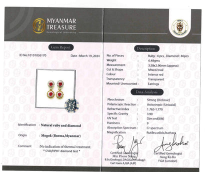 Four pieces Burmese natural unheated ruby and natural diamond earrings in 18K solid gold