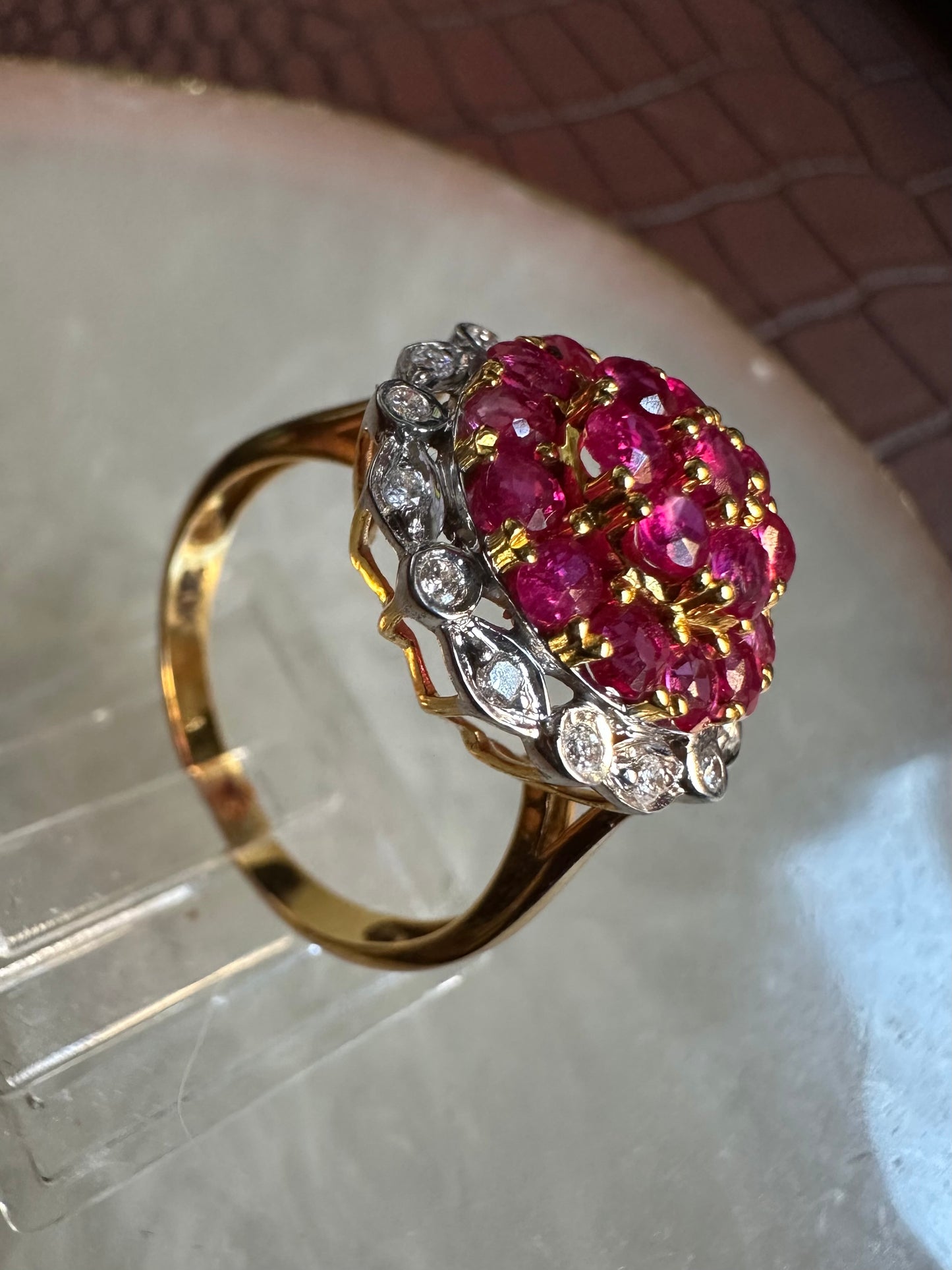 Pigeon Blood-Red Natural Unheated Burmese Ruby Sunburst Cluster Ring | Natural Diamonds | 20K Solid Gold