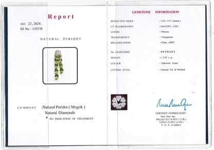 Natural Unheated Burmese Peridot (11 CT) and Natural Diamonds Pendant in 18K Solid Gold