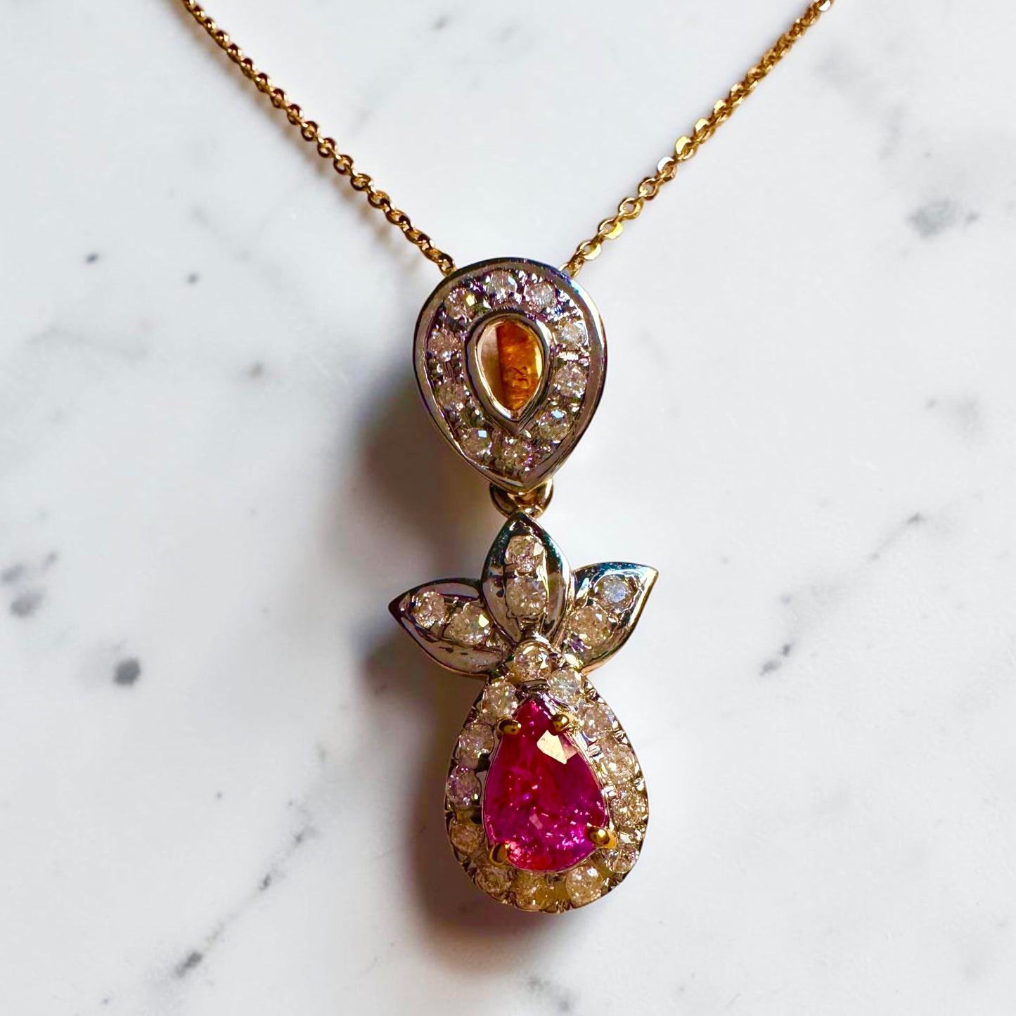 Natural Pink Sapphire & Diamond Halo Pendant in 20K Solid Gold with gold Necklace