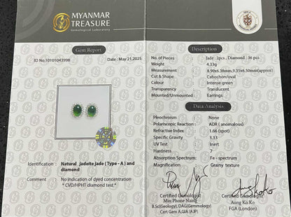 Diana-Style Earrings - Burmese Jadeite Jade with Natural Diamonds Earrings in Solid Gold