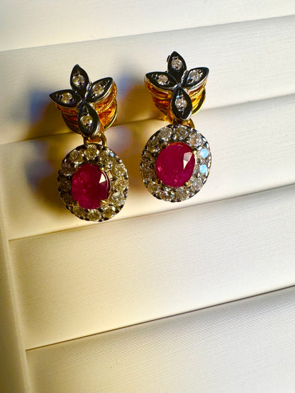 Natural unheated Burmese rubies (1.55CT) and natural diamond drop earrings in 20K solid gold