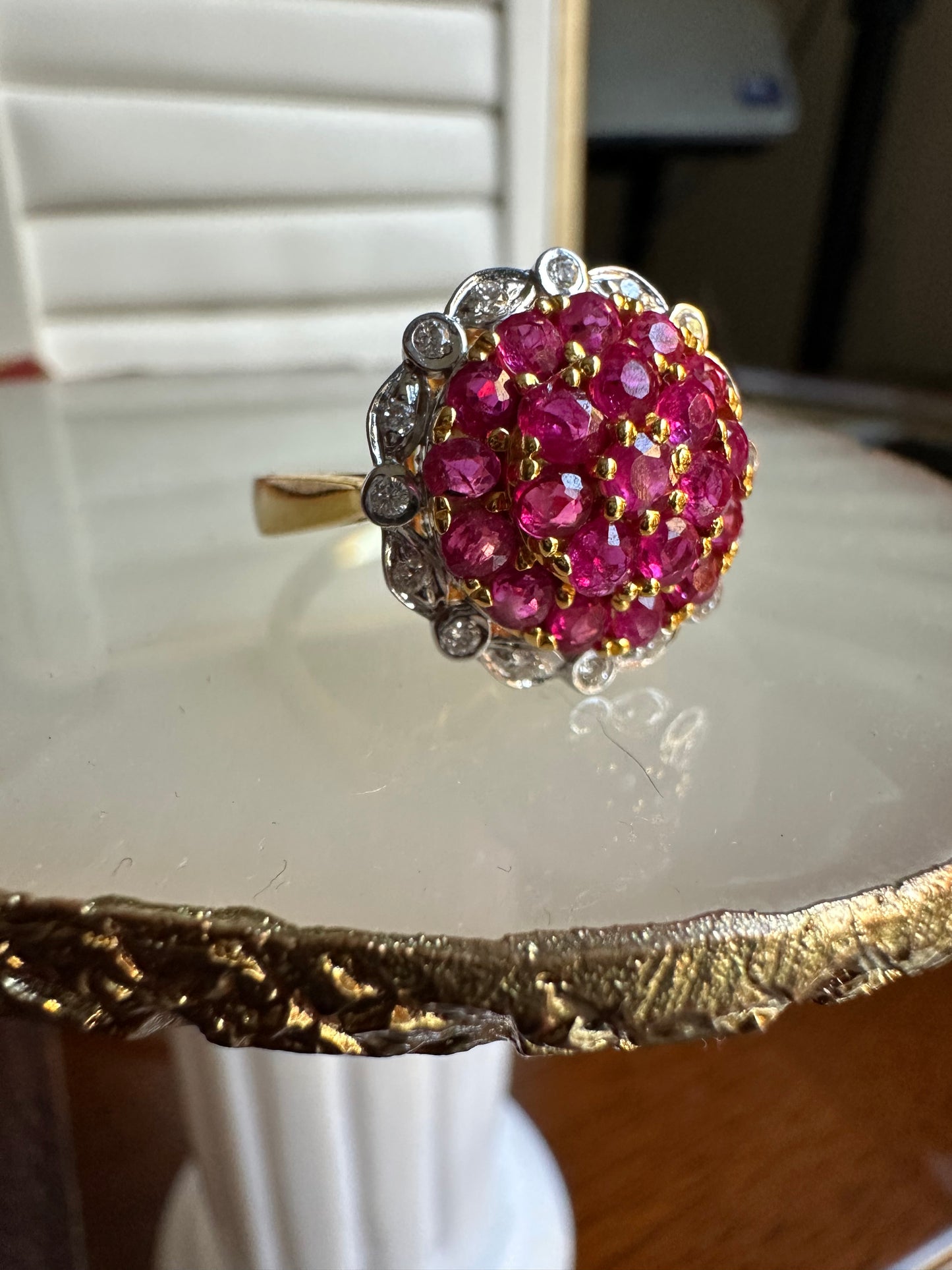 Pigeon Blood-Red Natural Unheated Burmese Ruby Sunburst Cluster Ring | Natural Diamonds | 20K Solid Gold