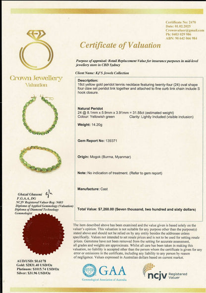 Natural Unheated Burmese Peridot (31.55 CT) Tennis Necklace in 18K Solid Gold