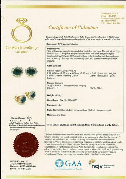 Diana-Style Earrings - Burmese Jadeite Jade with Natural Diamonds Earrings in Solid Gold