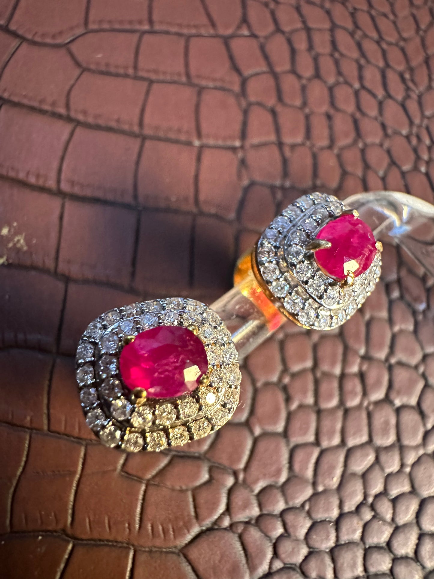 Natural unheated Burmese rubies (1.50CT) and natural diamond drop earrings in 20K solid gold