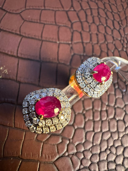 Natural unheated Burmese rubies (1.50CT) and natural diamond drop earrings in 20K solid gold