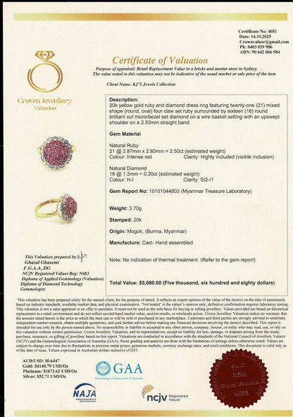 Pigeon Blood-Red Natural Unheated Burmese Ruby Sunburst Cluster Ring | Natural Diamonds | 20K Solid Gold