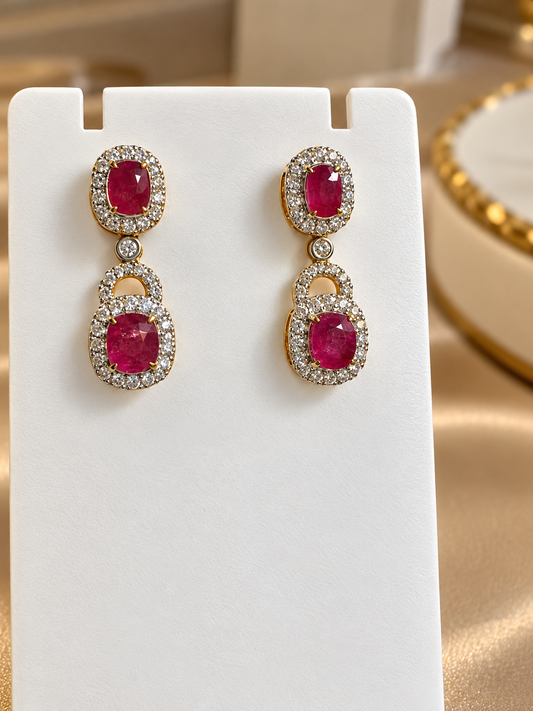 Royal Ruby Elegance – Natural Unheated Mogok Burmese Ruby (3.00CT) & Diamond (1.00CT) Drop Earrings in 20K Gold