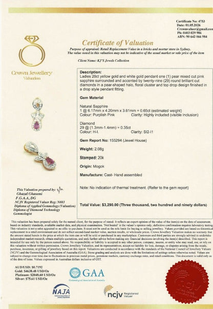 Natural Pink Sapphire & Diamond Halo Pendant in 20K Solid Gold with gold Necklace