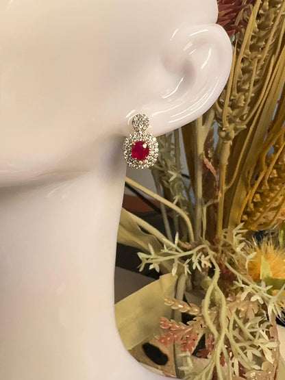 Two-step Burmese natural unheated ruby and natural diamond earrings in 18K solid gold