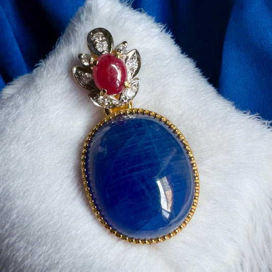 Natural Unheated Large Size Sapphire Cabochon (16CT) with natural Ruby and Natural Diamond Pendant in 20K gold