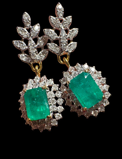 Emerald Cut Natural Emerald and Natural Diamonds Earrings and Pendant Set in 18K Solid Gold