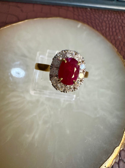 Natural Unheated Burmese Ruby (1.45ct) Diamond Halo Engagement Ring – 18K Yellow Gold
