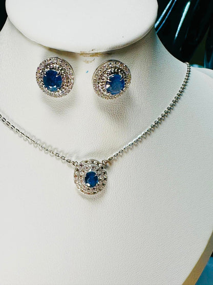 21K solid white gold with Burmese Natural Unheated Sapphire and Genuine Diamonds Necklace