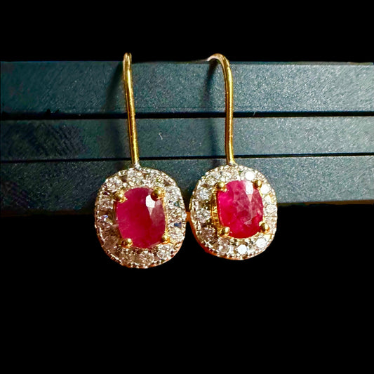 Natural unheated Burmese rubies (1.5CT) and natural diamond drop earrings in 20K solid gold