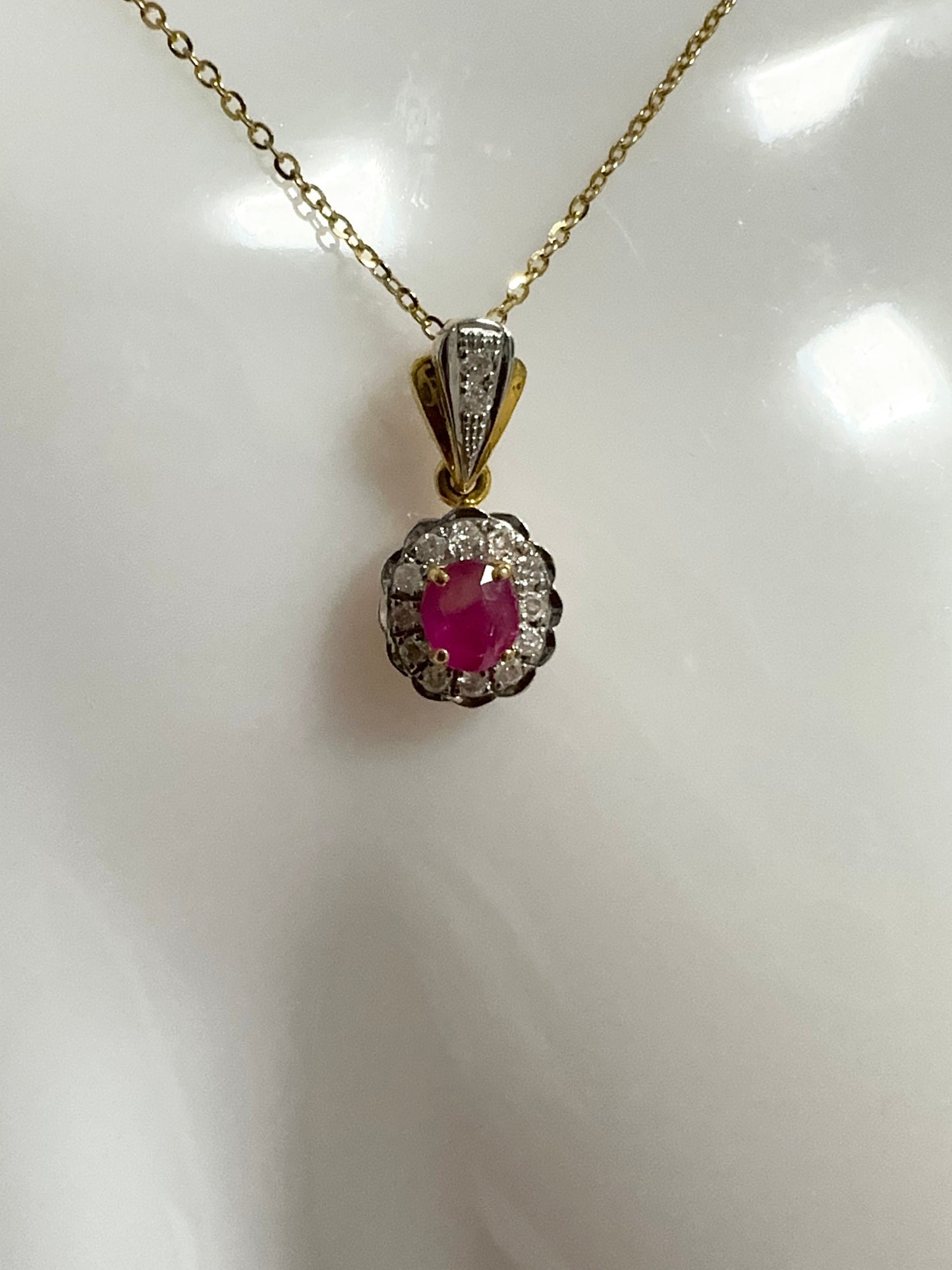 Burmese Unheated Ruby and Natural Diamonds Necklace in 20K Solid Gold