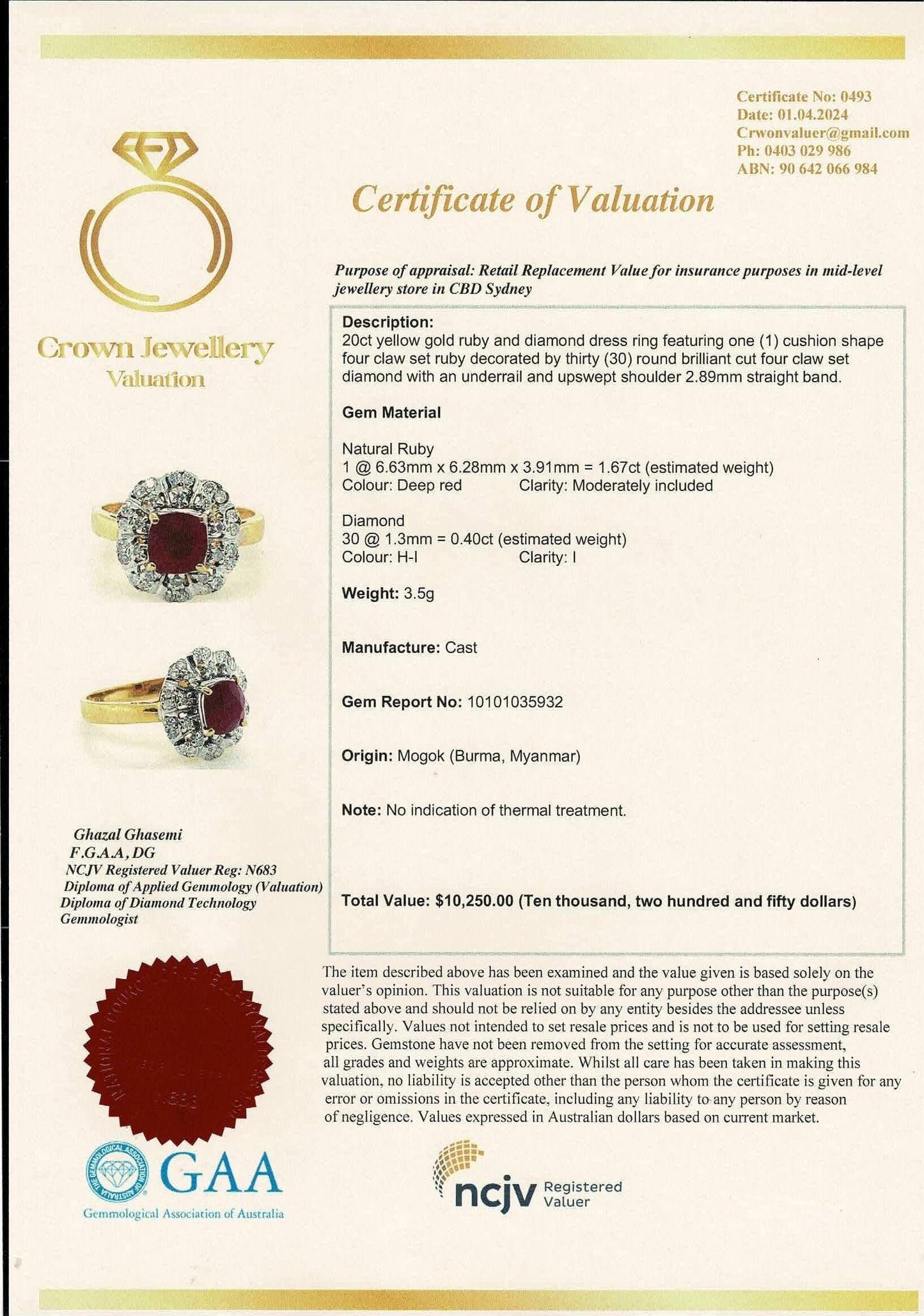 1.67CT Burmese Natural Unheated Ruby and Natural Diamonds Ring in 20K Solid Gold