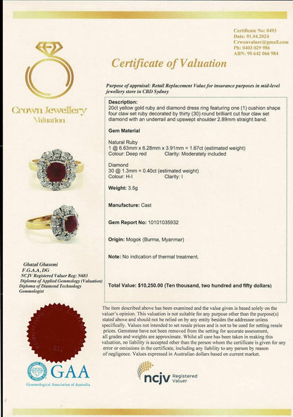 1.67CT Burmese Natural Unheated Ruby and Natural Diamonds Ring in 20K Solid Gold