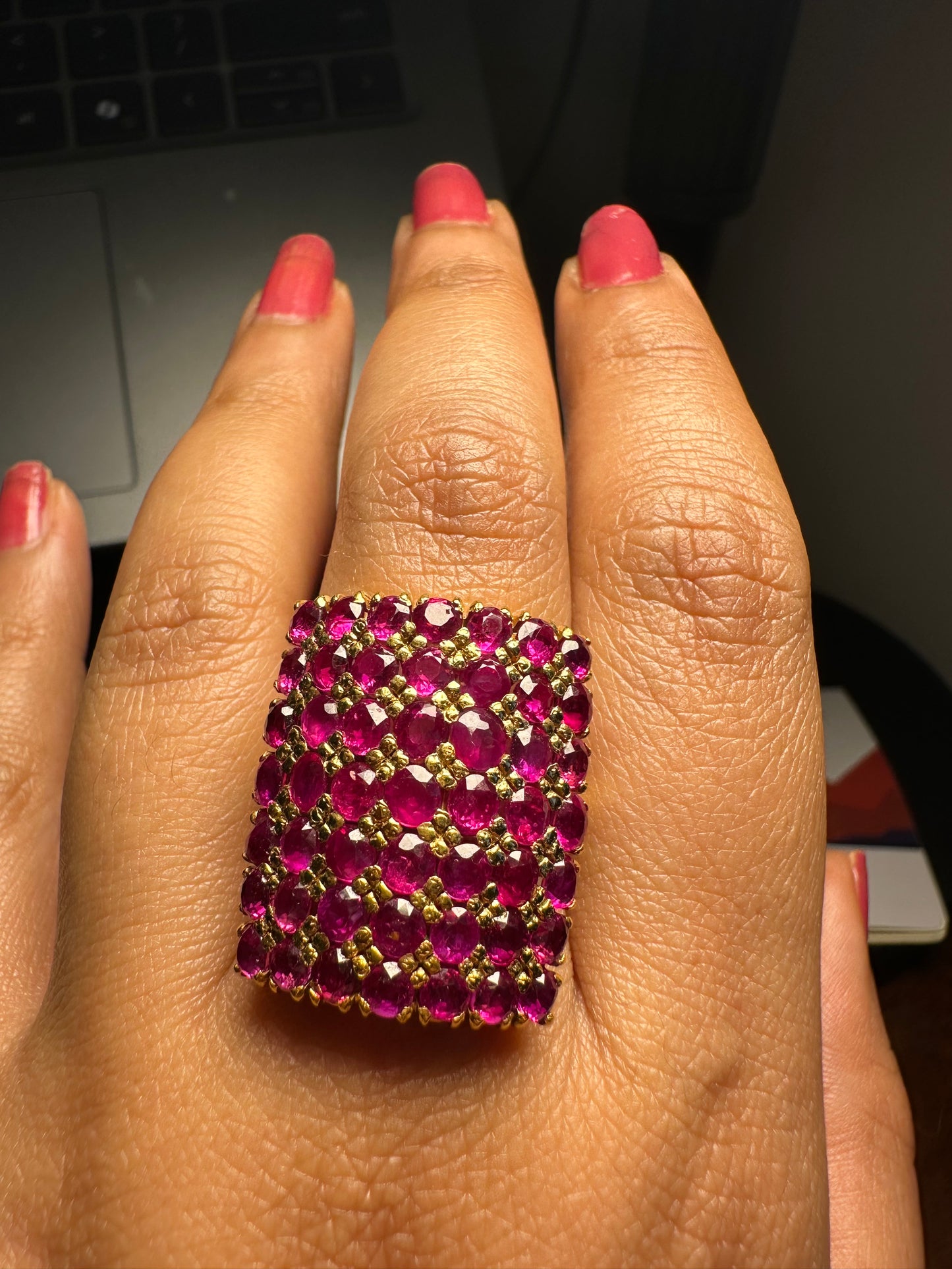 Vintage Style Burmese Unheated Ruby Dome Cluster Ring in 18ct Gold