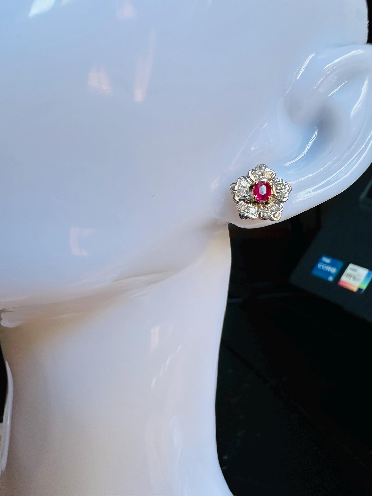 Natural Unheated Burmese Ruby and Diamond with 21K Solid Gold Earring