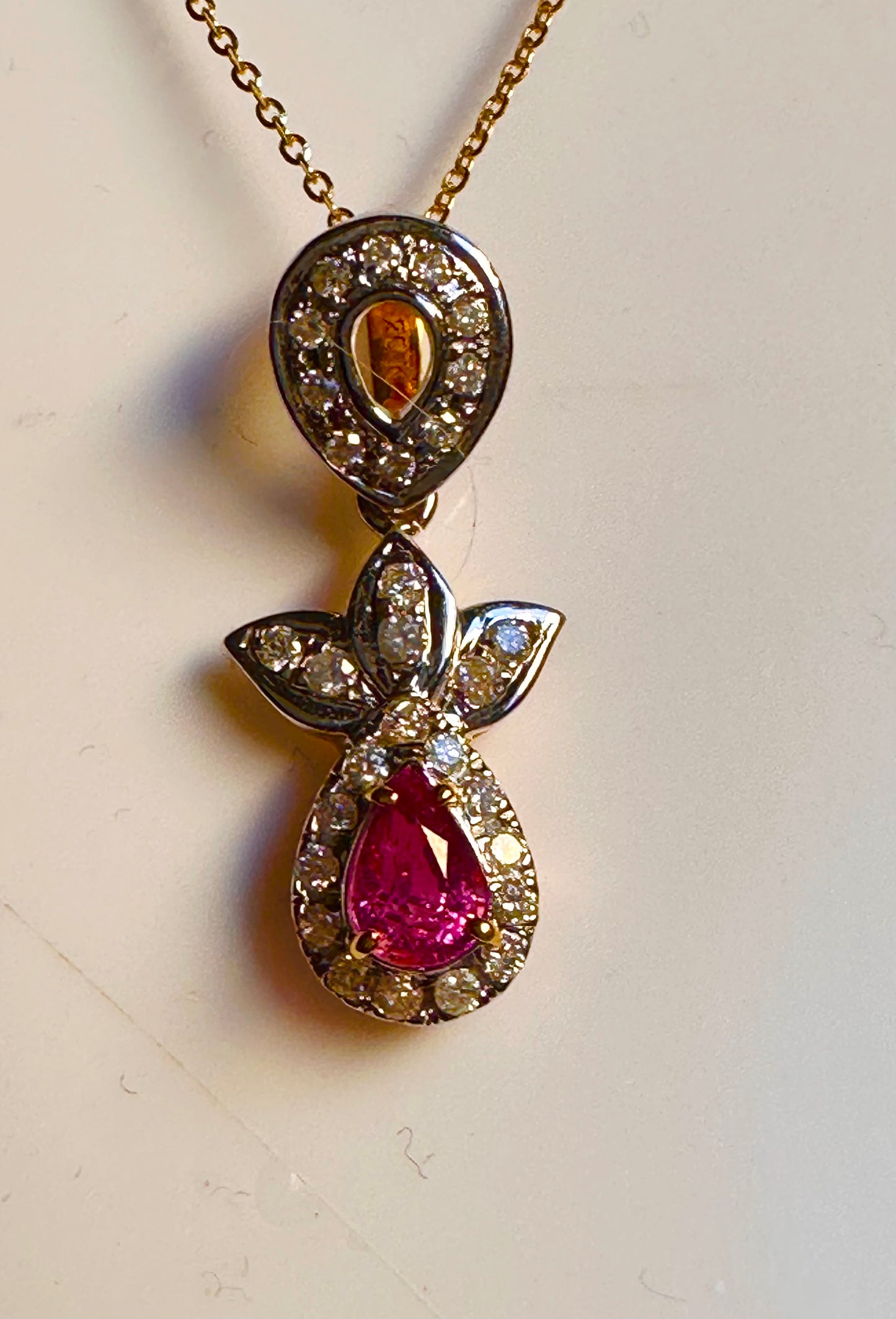 Natural Pink Sapphire & Diamond Halo Pendant in 20K Solid Gold with gold Necklace