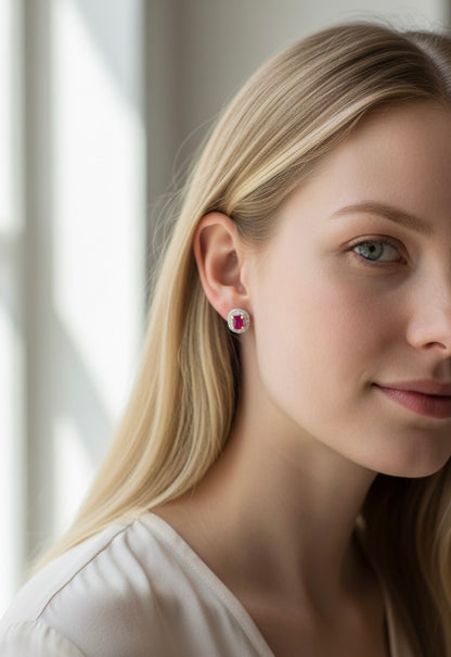 Natural unheated Burmese rubies (1.5CT) and natural diamond earrings in 20K solid gold