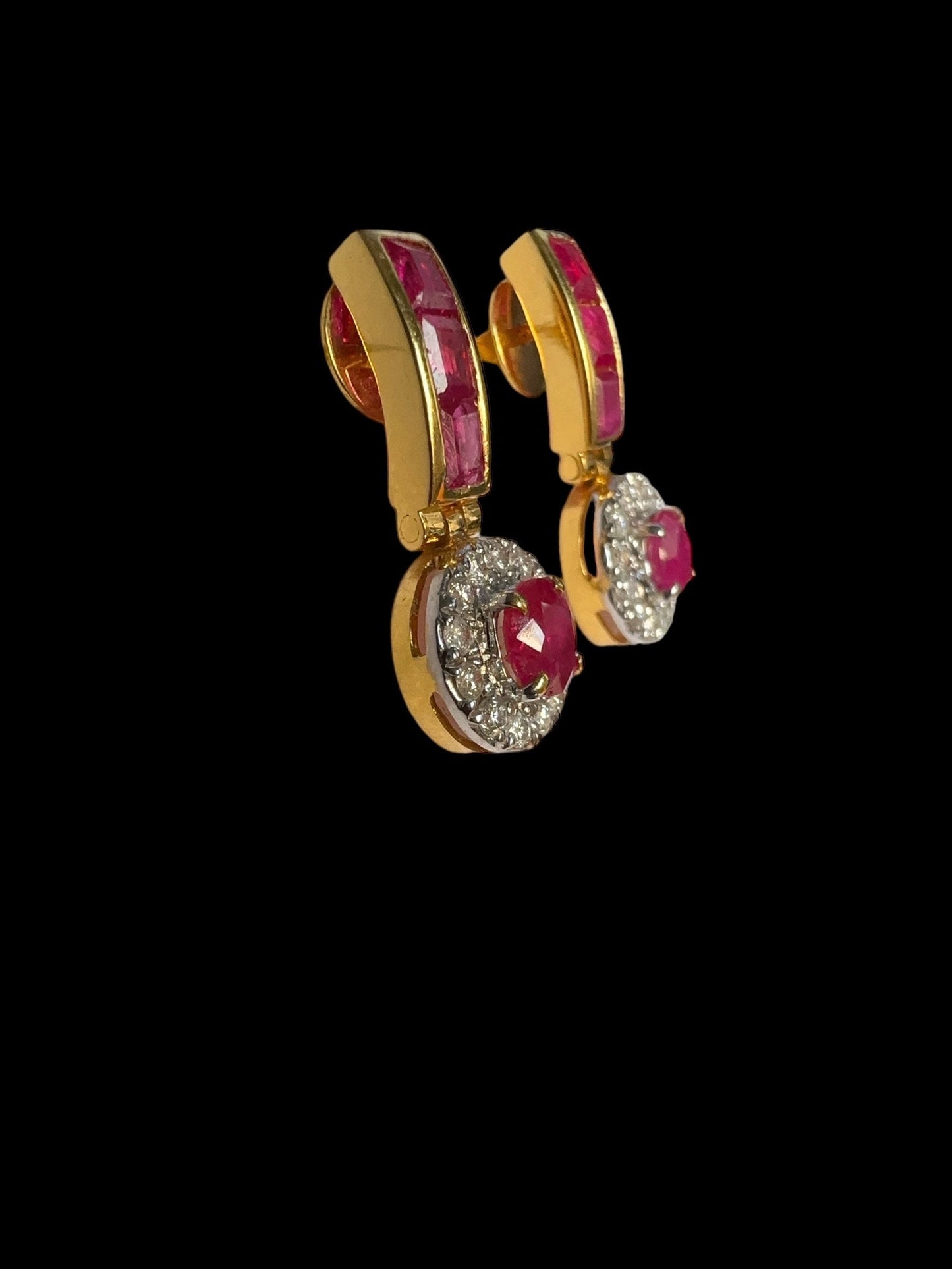 Dangle Drop Earrings with Total 2CT Natural Unheated Burmese Ruby and Diamonds in 20K Gold