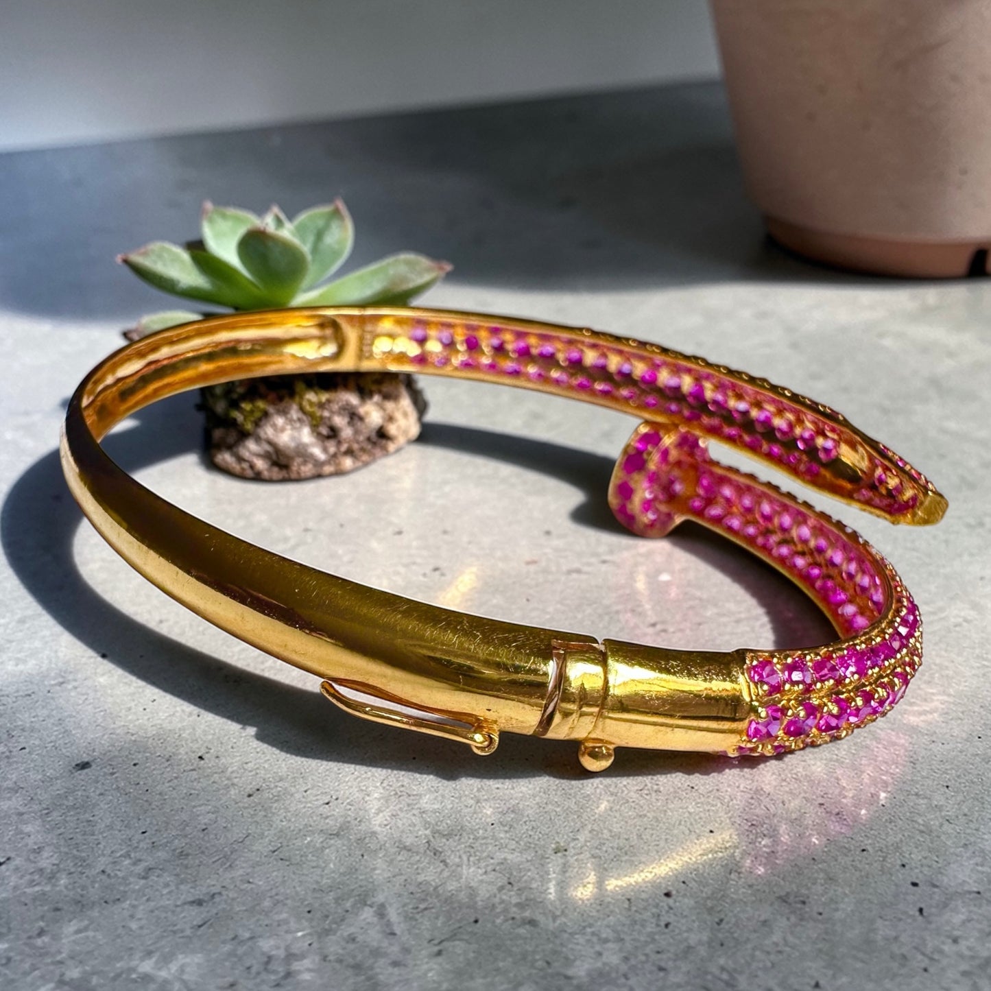 Luxury Cartier-Inspired Nail Bangle – Natural Unheated Burmese Rubies in 18K Solid Gold