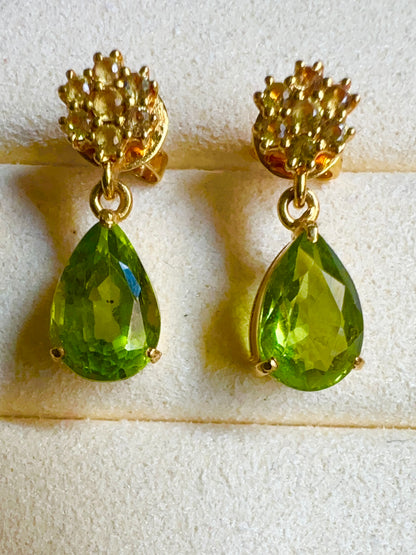 Natural Unheated Burmese Peridot (3.2 CT) and NaturalYellow Sapphire Earrings in 18K Solid Gold