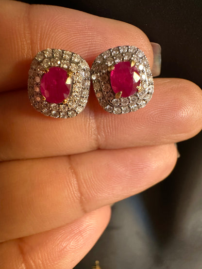 Natural unheated Burmese rubies (1.50CT) and natural diamond drop earrings in 20K solid gold