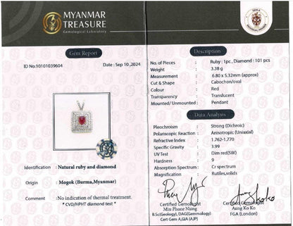 Natural Unheated Cabochon Burma Ruby (1.5CT) and Natural Diamonds in 20K Solid Gold Pendant