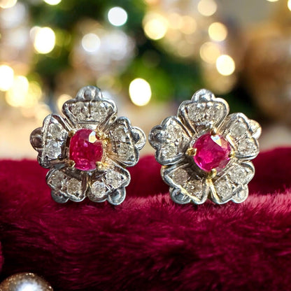 Natural Unheated Burmese Ruby and Diamond with 21K Solid Gold Earring