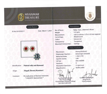 2.01CT Burmese Natural Unheated Ruby and Natural Diamonds Earrings in 18K Solid White Gold