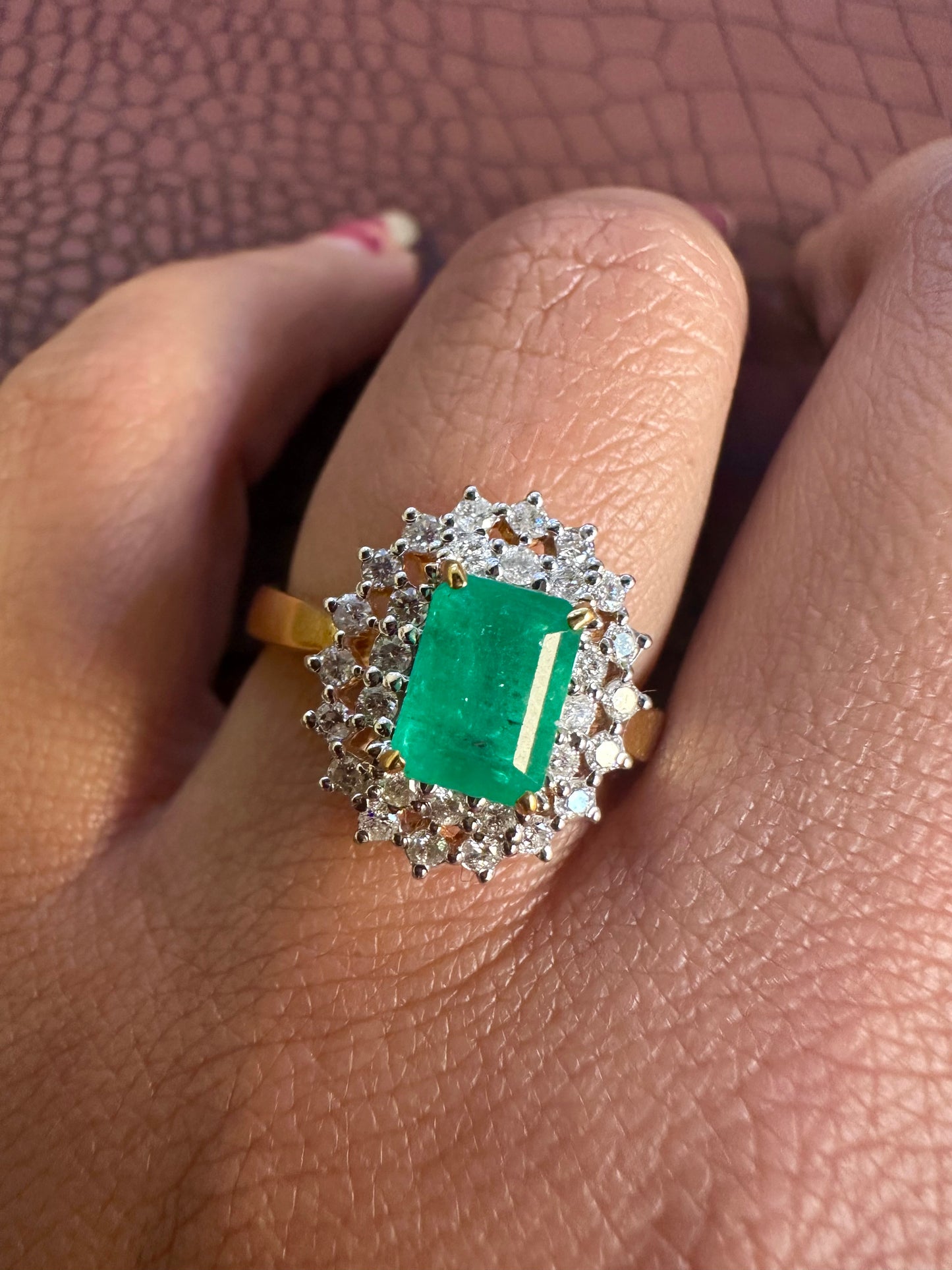 Emerald Cut Natural Emerald and Natural Diamonds Ring in 18K Solid Gold