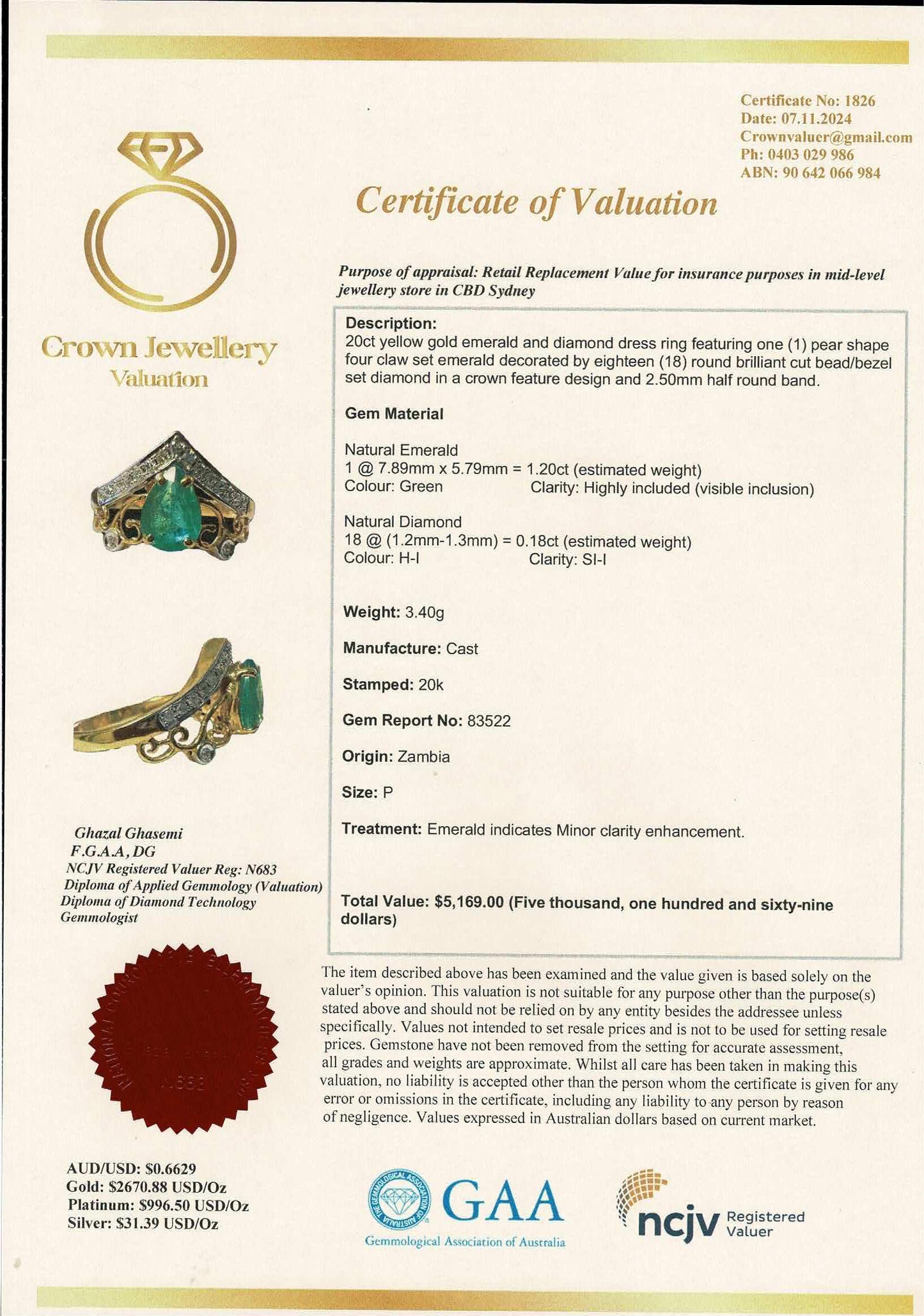 Beautiful Natural Emerald Ring in 20K solid gold, with Natural Diamonds